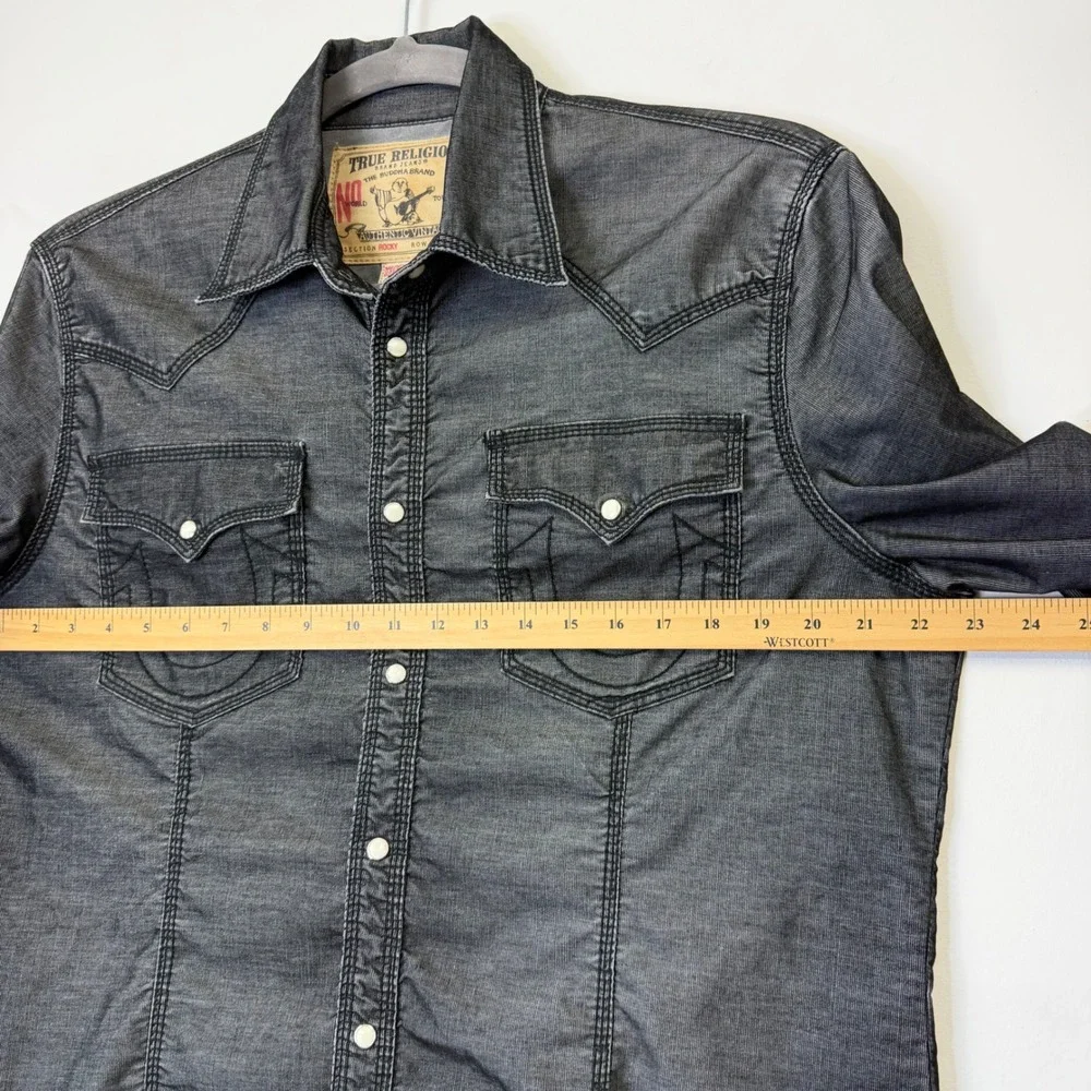 True Religion Rocky Western Pearl Snap Shirt Men's XXL Black Gray Slim Fit